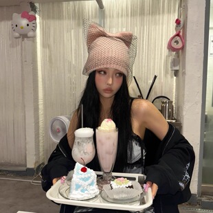 现货韩国设计师同款可爱猫咪蝴蝶结网纱个性时髦针织帽冷帽毛线帽