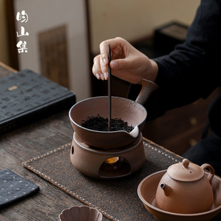 复古粗陶老岩泥侧柄烤茶器烘烤炉陶瓷熏香植物雪松香薰炉桌面摆件