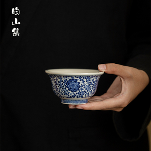 复古青花缠枝莲茶杯压手杯主人杯陶瓷功夫茶具中式高档品茶专用杯