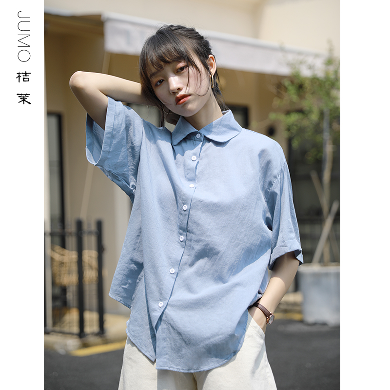 桔茉2021夏季日系简约纯色短袖衬衫女学院风宽松上衣韩版港味衬衣