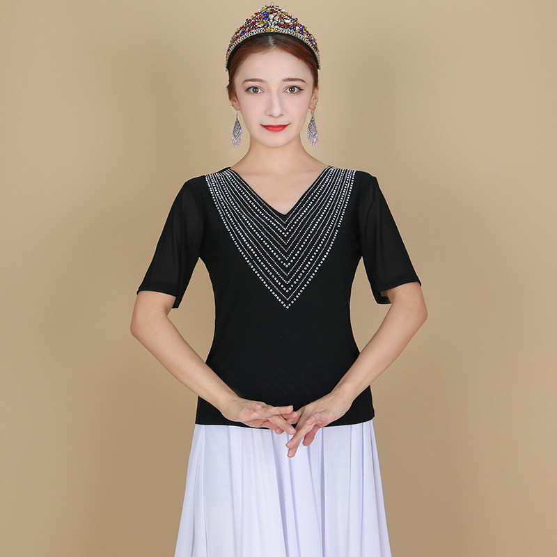新款新疆舞蹈上衣网纱短袖T恤民族舞服古典舞广场舞服维族舞上衣