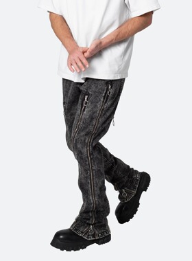 Mnml 拉链拼贴水洗做旧色四季宽松流行高街潮流喇叭牛仔裤男新品