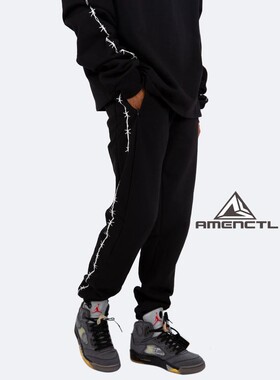 Mnml 黑色卫裤侧边荆棘印花松梆收脚纯棉宽松直筒休闲裤男新品