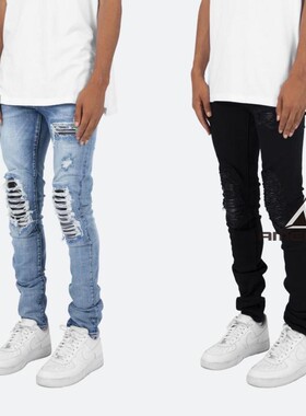 Mnml 黑色蓝机车拼皮假破洞紧身款弹力强休闲牛仔裤男新品FOG风格