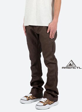 Mnml 棕色仿皮喇叭牛仔裤男水洗秋冬季流行宽松直筒长裤新品FOG风