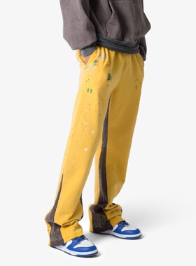 Mnml 泼墨黃色喇叭卫裤男纯棉四季侧边拼布松紧休闲裤新品FOG风格