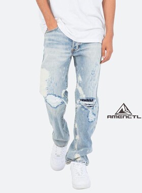 Mnml FOG风格浅蓝泼墨直筒宽松四季破洞中腰休闲阔腿裤牛仔裤男