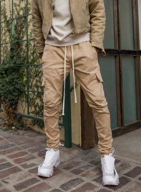 Mnml FOG风格姜黄色工装裤修身小脚弹性面料抽绳松梆休闲裤男