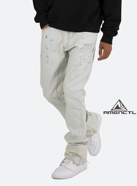 Mnml 浅蓝色泼墨喇叭牛仔裤男水洗常规四季流行宽松直筒长裤新品