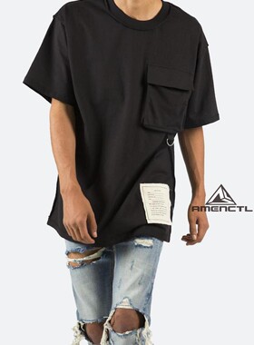 Mnml FOG风格黑色水洗标拼布胸口袋宽松纯棉休闲短袖T恤男新品