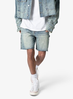 Mnml 做旧蓝色高街复古夏季宽松直筒偏短款磨边牛仔短裤男新品