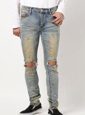 Mnml 泼墨蓝色破洞长裤四季弹性修身小脚紧身牛仔裤男新品