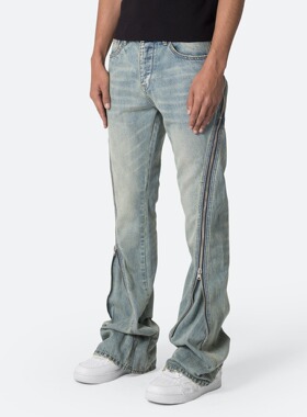 Mnml 水洗蓝色侧边拉链复古四季宽松流行高街直筒喇叭牛仔裤男新