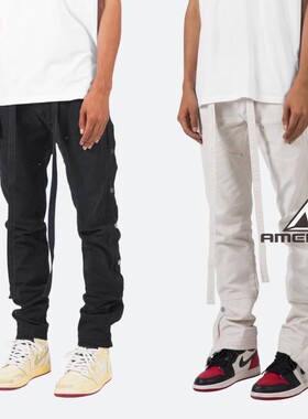 Mnml FOG风格黑米白侧边拉链排扣钮扣自带腰宽松做旧工装裤男现货