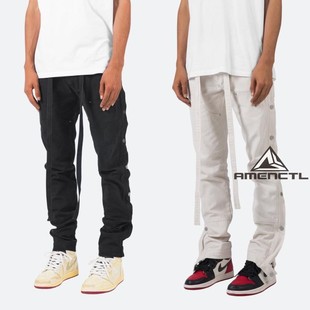 裤 黑米白侧边拉链排扣钮扣自带腰宽松做旧工装 男现货 FOG风格 Mnml