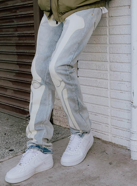 Mnml FOG风格水洗藍色骷髅骨拼布直筒宽松无弹性休闲牛仔裤男新品