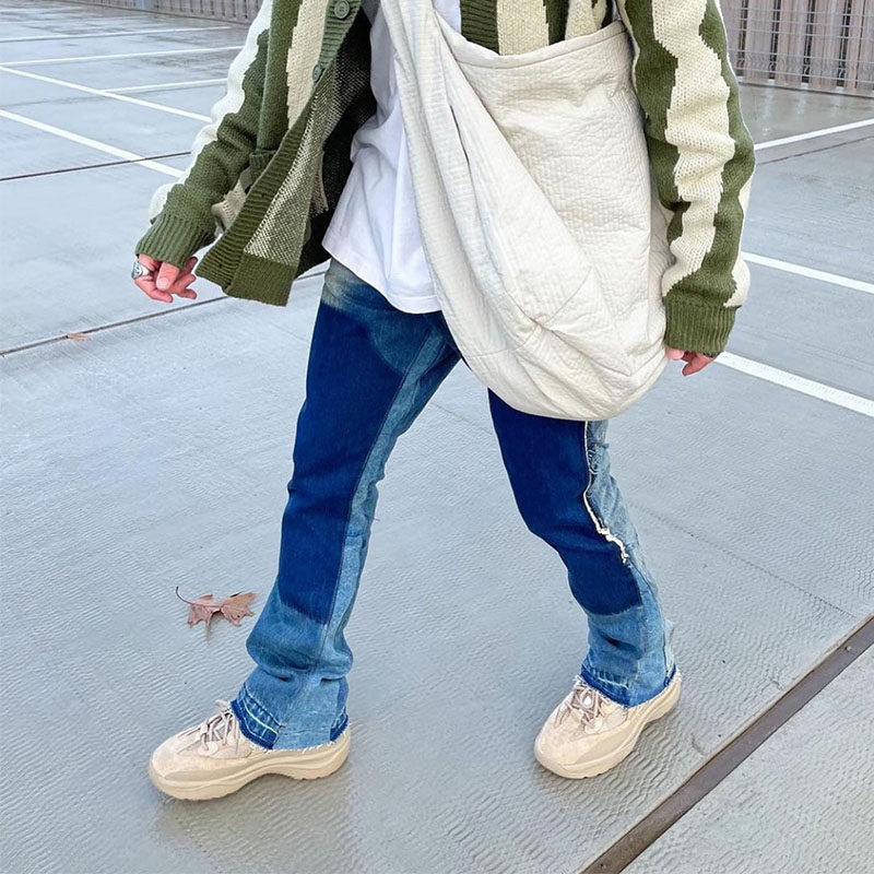 Mnml 喇叭牛仔裤男水洗蓝色常规四季FOG风格拼布宽松直筒裤新品