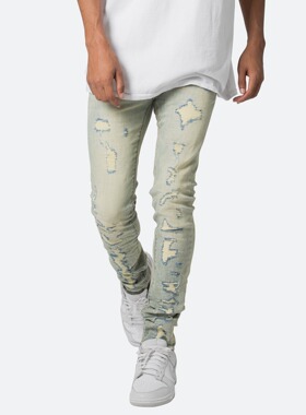 Mnml 做旧蓝色破坏破洞长裤四季弹性修身小脚紧身牛仔裤男新品