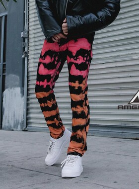 Mnml 漂染水洗直筒牛仔裤男条纹渐变橙色高街宽松长裤FOG风格新品