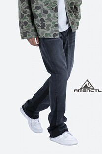 Mnml 复古水洗黑色喇叭牛仔裤男四季耐磨FOG侧边拼接宽松长裤新品