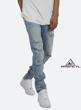 Mnml FOG风格水洗蓝色刀割破洞无拉链流行休闲牛仔裤男現貨