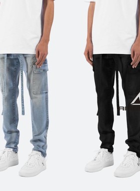 Mnml FOG风格水洗做旧蓝色松紧弹力宽松四季款飘带牛仔裤男现货