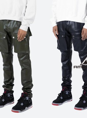 Mnml 黑色深绿色仿皮多口袋工装裤高街修身小脚休闲长裤男新品