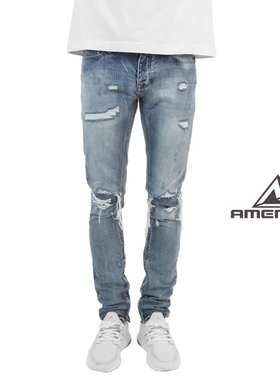 Mnml FOG风格破坏假破洞水洗蓝色侧拉链修身小脚牛仔裤男潮流现货