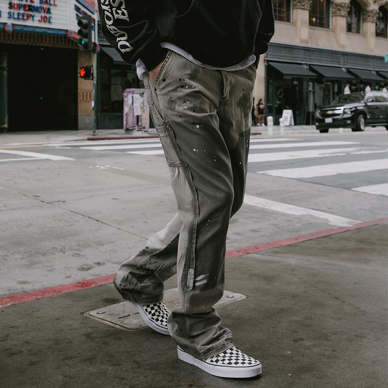 Mnml 灰绿色复古喇叭牛仔裤男泼墨常规四季FOG风格宽松工装裤新品