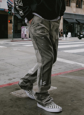 Mnml 灰绿色复古喇叭牛仔裤男泼墨常规四季FOG风格宽松工装裤新品
