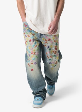 Mnml 蓝色水洗复古四季宽松直脚高街星星缝线阔腿牛仔裤男新品