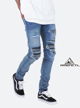 Mnml FOG风格机车藍色紧身修身假破洞弹性强四季休闲牛仔裤男新品