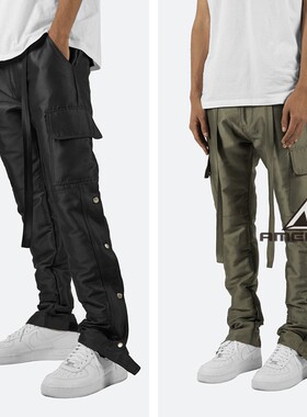 Mnml FOG黑色绿色侧边钮扣薄款松紧修身尼龙工装排扣裤男新品现货