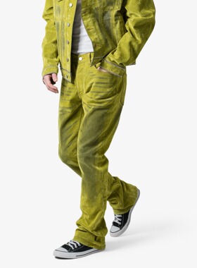 Mnml 绿色反皮植绒复古四季宽松流行高街潮流喇叭牛仔裤男新品