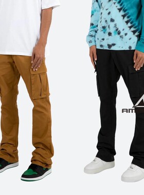 Mnml 黑色棕色水洗多口袋工装裤斜纹布四季薄款宽松休闲喇叭长裤