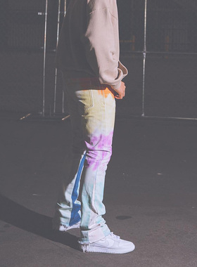 Mnml 漂染白色破洞喇叭牛仔裤男水洗常规四季流行宽松直筒长裤