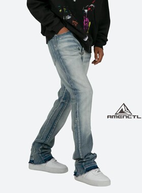 Mnml 蓝色做旧猫须喇叭牛仔裤男水洗高街四季宽松直筒长裤新品