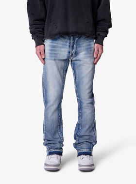 Mnml 浅蓝色复古水洗弹性修身小脚猫须紧身牛仔裤男新品