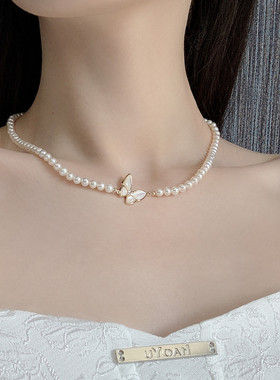 Dreamwork法式淡水珍珠项链蝴蝶小珍珠锁骨链女 可调节百搭素链细
