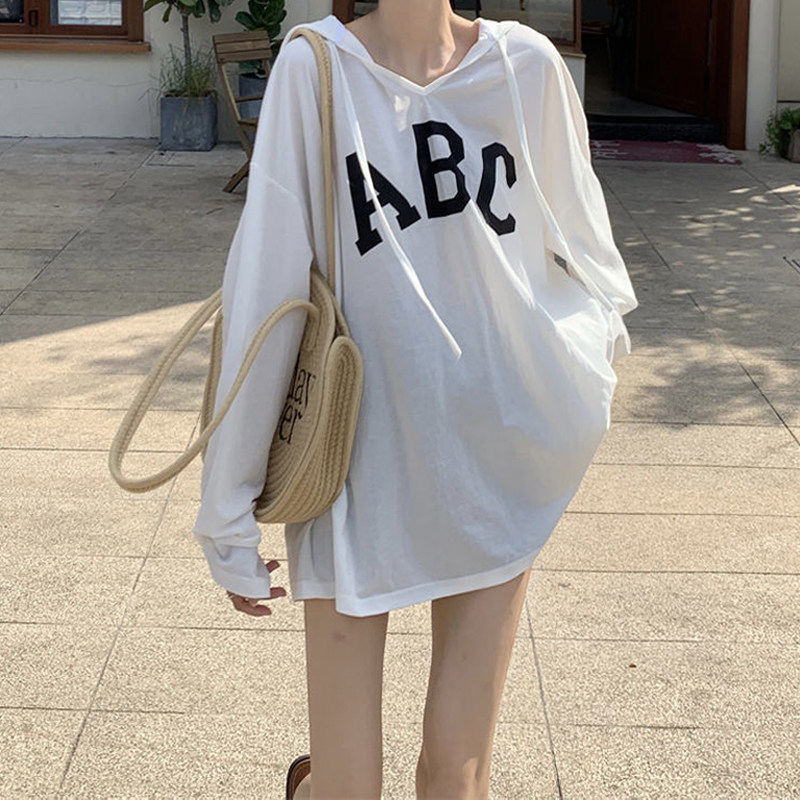 连帽薄款防晒长袖T恤女夏韩版2023新款慵懒风中长款宽松大码上衣