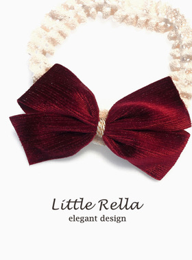 宝宝新年酒红色蝴蝶结头饰 婴儿童红丝绒女童发带 不勒头