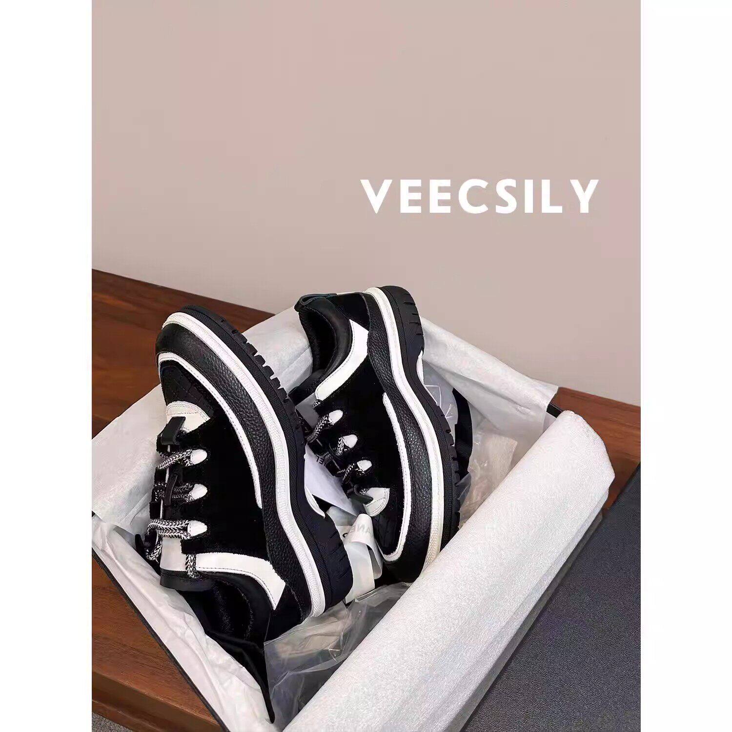 绝绝子！时髦单品真皮休闲鞋黑白拼色百搭老爹鞋系带厚底运动鞋