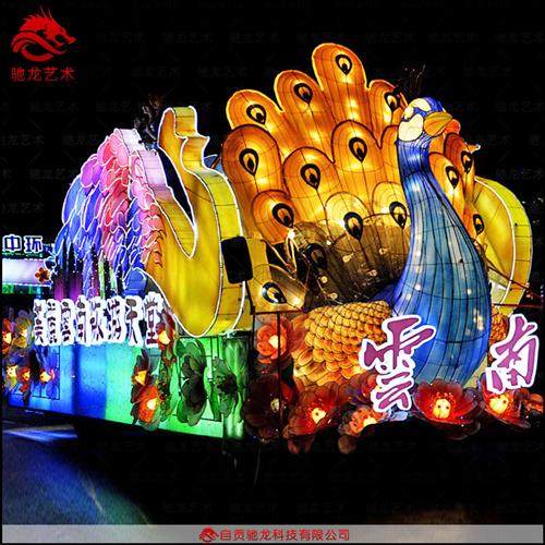 仿真绢花造型巡游彩车制作厂家春节绿雕庆典巡游花车公司