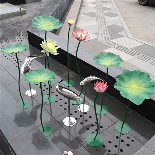 不锈钢荷叶雕塑铁艺仿真荷花金属艺术装饰品酒店会所水池水景摆件