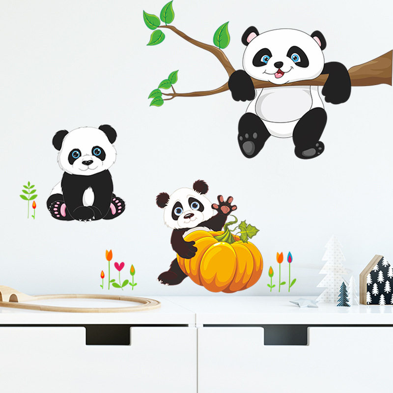 可爱熊猫吃竹叶中国风动物贴画幼儿园儿童房墙面环创布置南瓜树枝