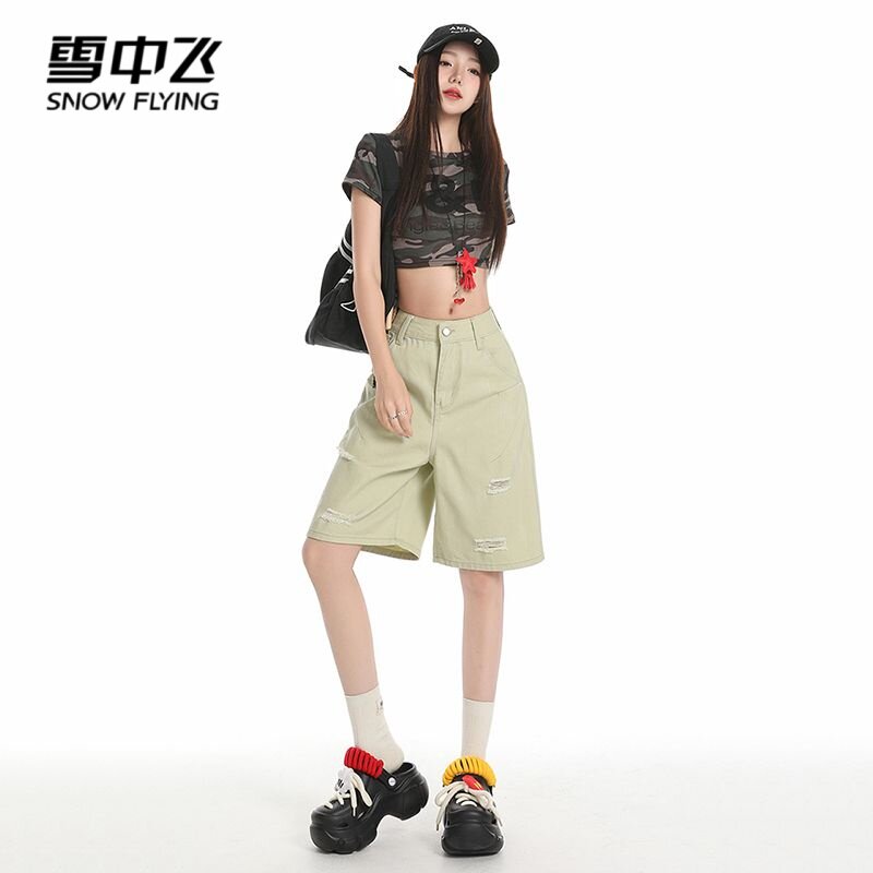 雪中飞美式高街复古牛仔裤女2026夏季宽松百搭破洞高腰直筒五分裤