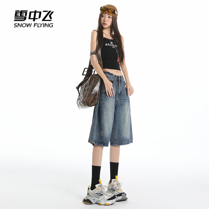 雪中飞美式复古女士牛仔五分裤2026夏季新款高腰宽松显瘦阔腿中裤