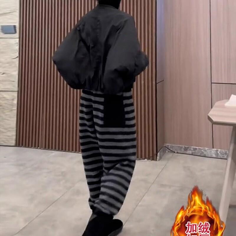 欧货女裤休闲运动加绒加厚高腰卫裤条纹束腿小脚裤外穿2025秋冬款