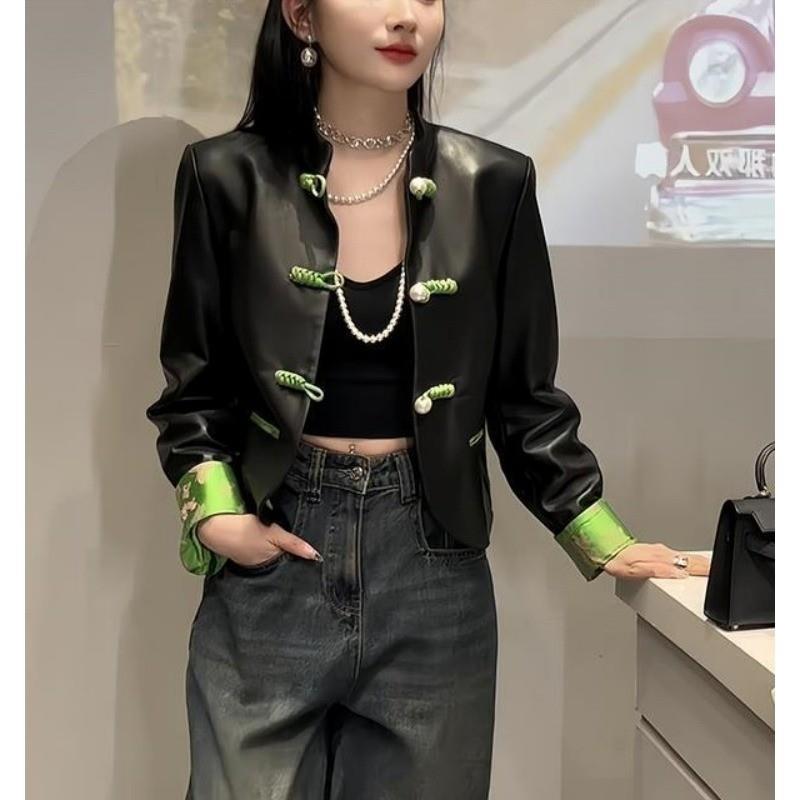 2025春秋新中式盘扣外套女时尚拼色设计长袖修身上衣气质立领夹克