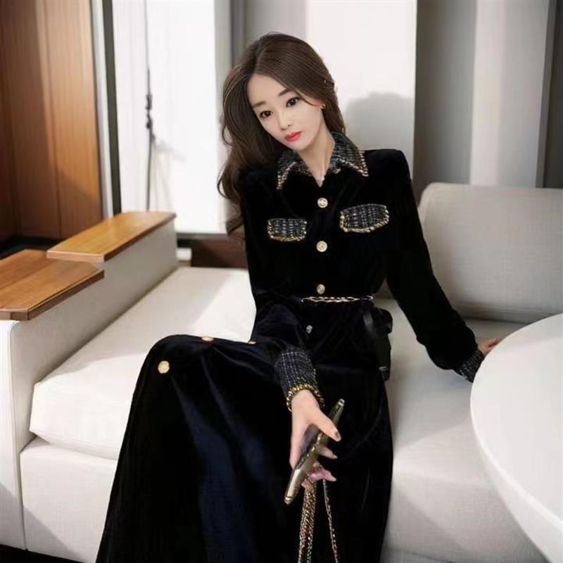 小香风2023新款高级感连衣裙秋冬女收腰显瘦内搭法式气质黑色长裙